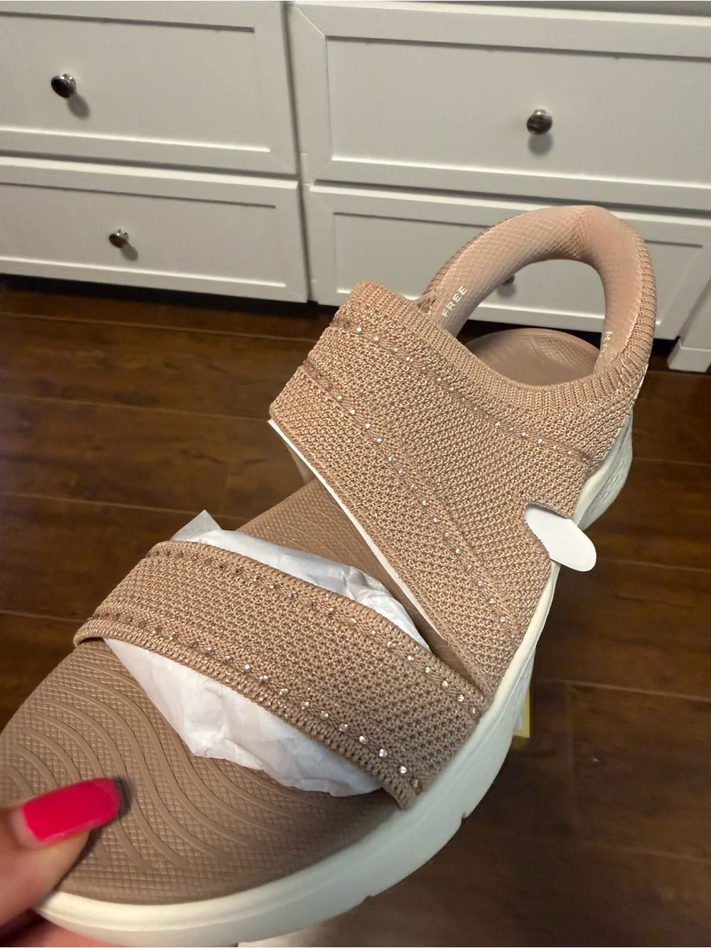 NWT Skechers Open-Toe Knit Strap Sandals in  Taupe with Crystals